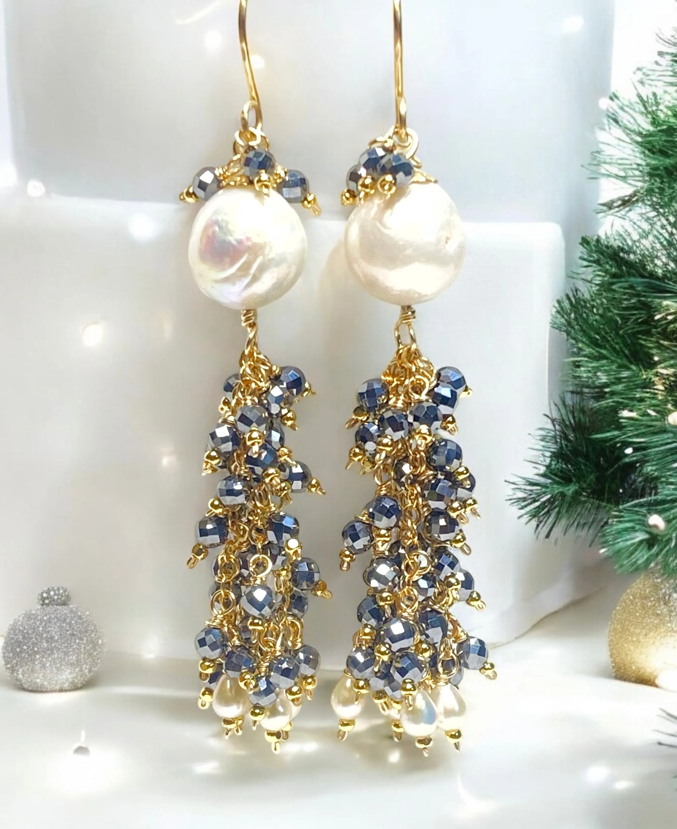 Edison Pearl, Sparkly Black Gem Tassel Earrings Gold Fill