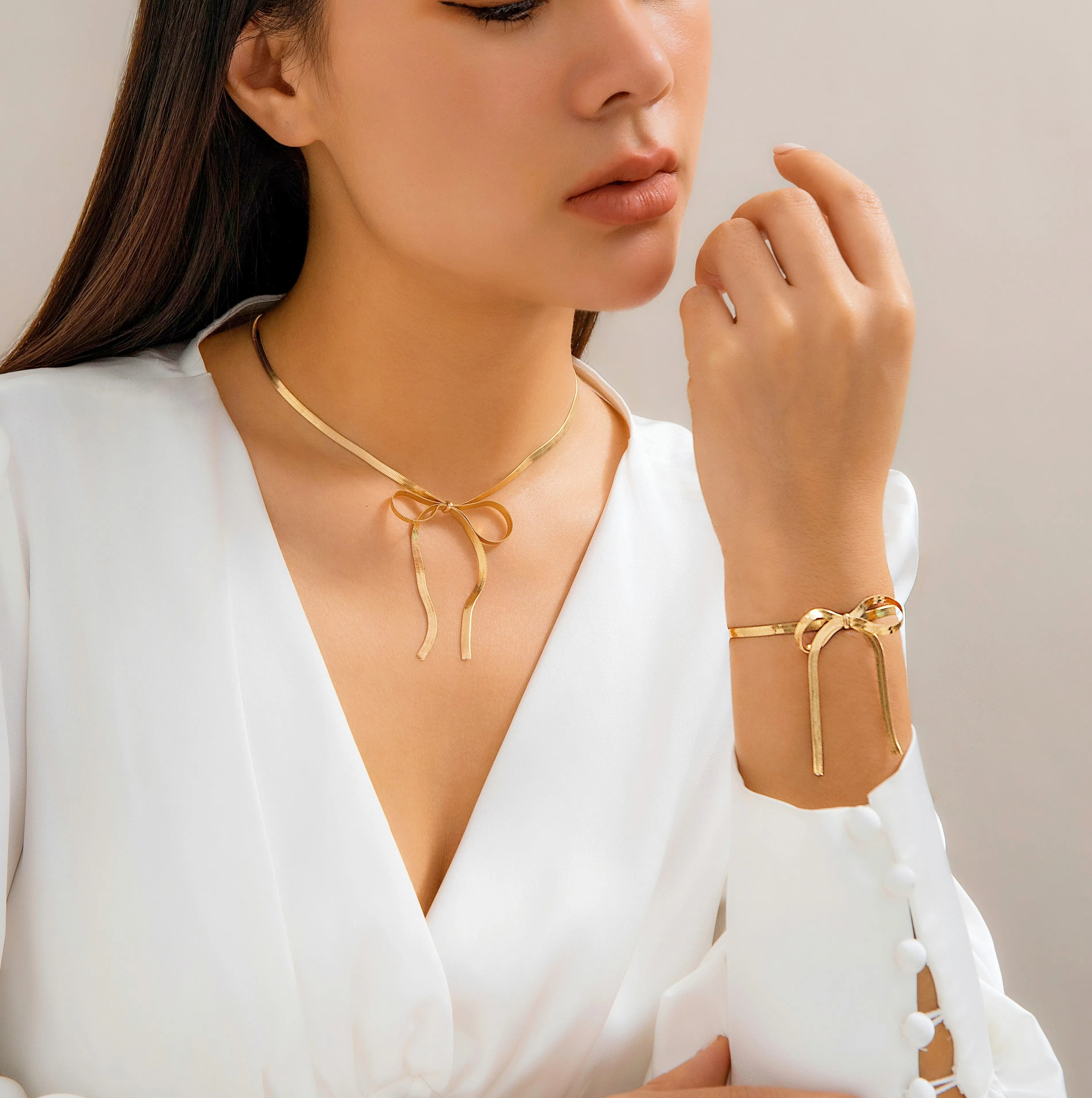 Elegant Bowknot Pendant Snake Chain Necklace Bracelet Set