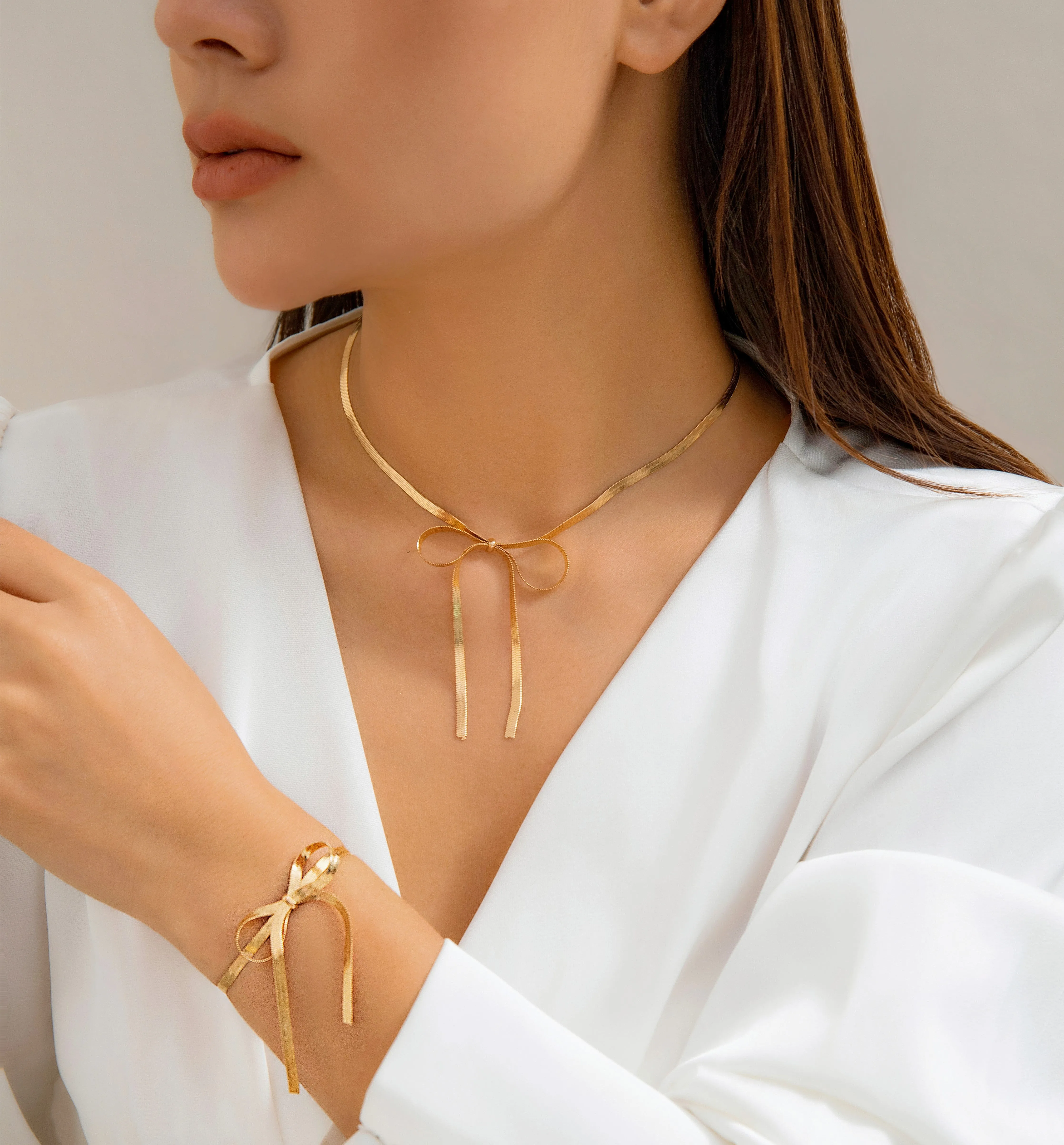 Elegant Bowknot Pendant Snake Chain Necklace Bracelet Set