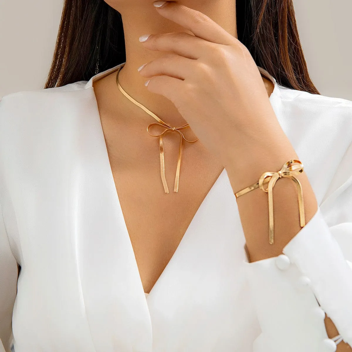 Elegant Bowknot Pendant Snake Chain Necklace Bracelet Set