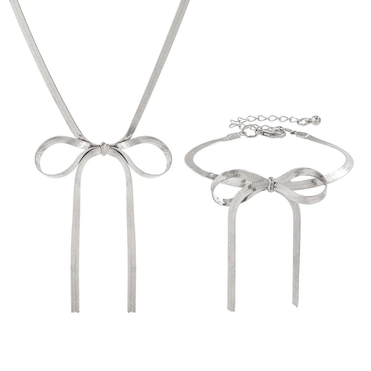 Elegant Bowknot Pendant Snake Chain Necklace Bracelet Set