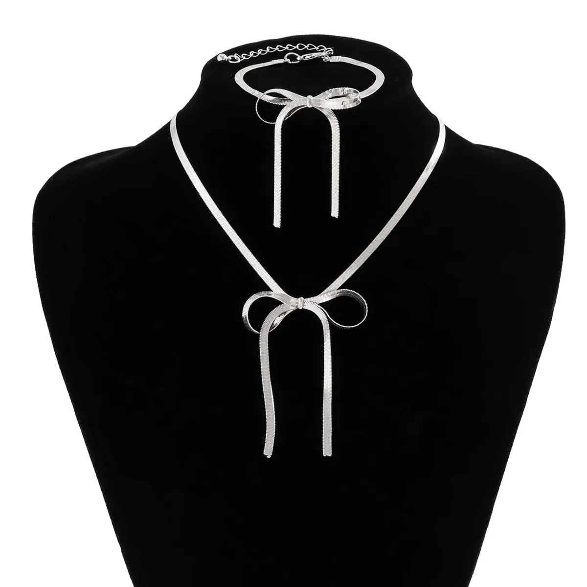 Elegant Bowknot Pendant Snake Chain Necklace Bracelet Set