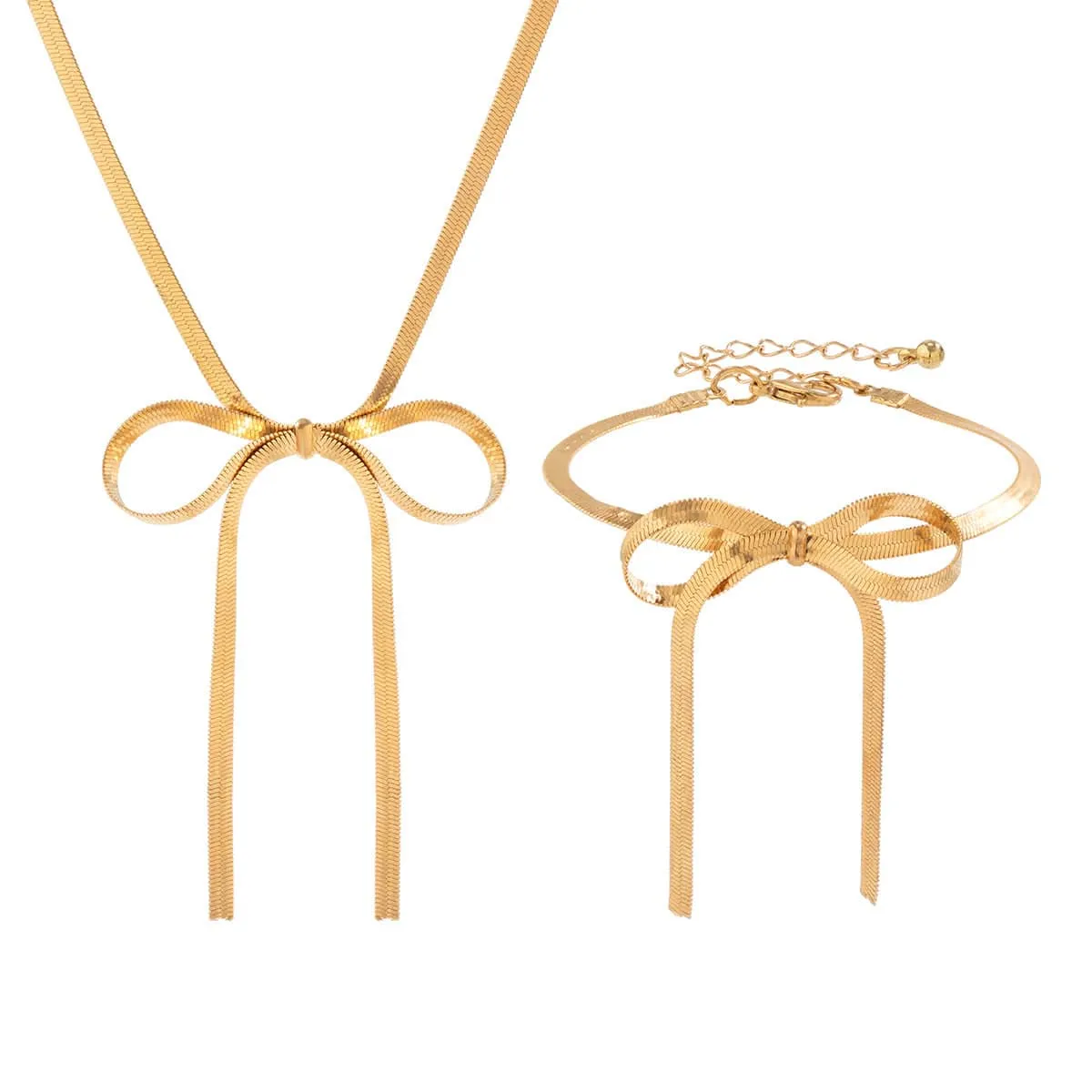 Elegant Bowknot Pendant Snake Chain Necklace Bracelet Set