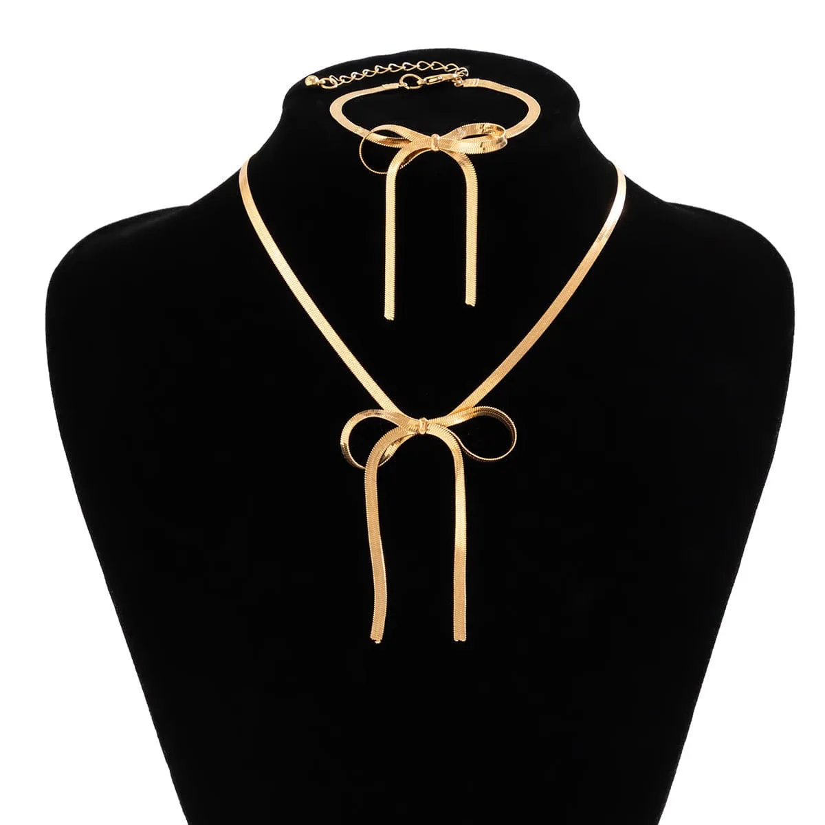 Elegant Bowknot Pendant Snake Chain Necklace Bracelet Set