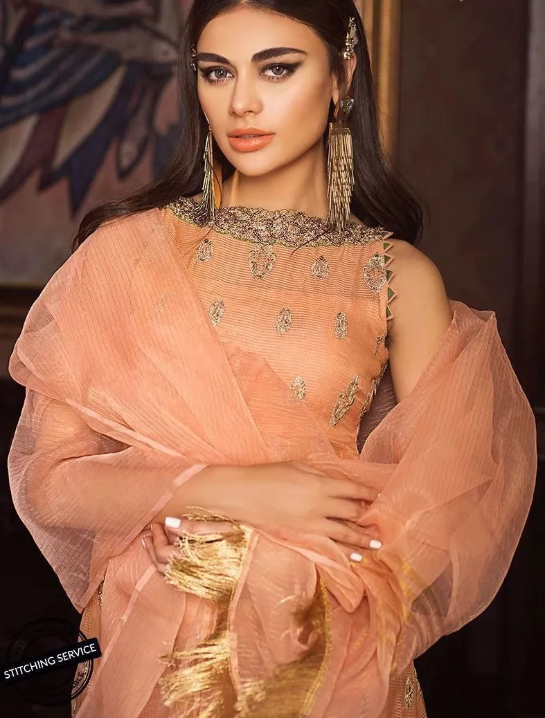 Elegant designer organza dress for party in peach color # P2211