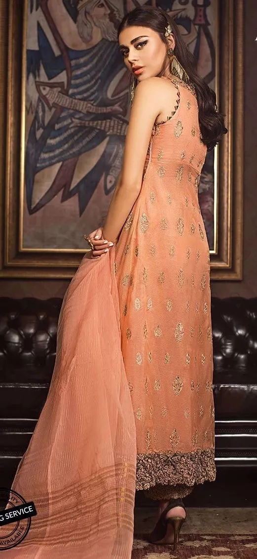 Elegant designer organza dress for party in peach color # P2211