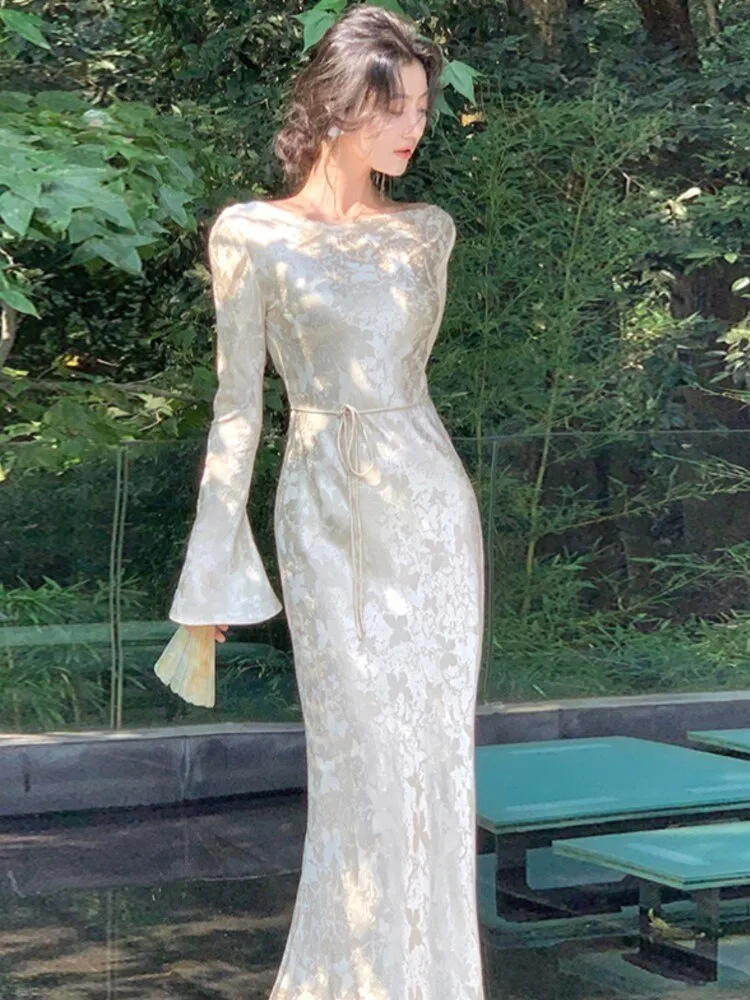 Elegant French Print Evening Party Dresses Long Sleeve Women's Lace-up Slash Neck Maxi Dresses