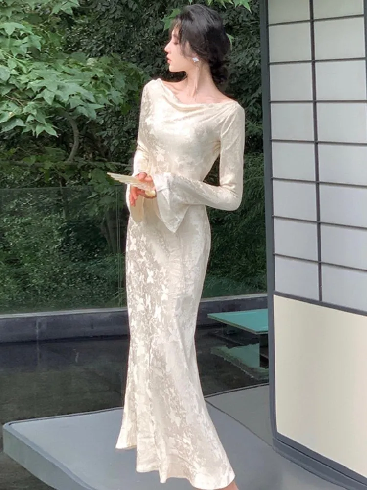 Elegant French Print Evening Party Dresses Long Sleeve Women's Lace-up Slash Neck Maxi Dresses