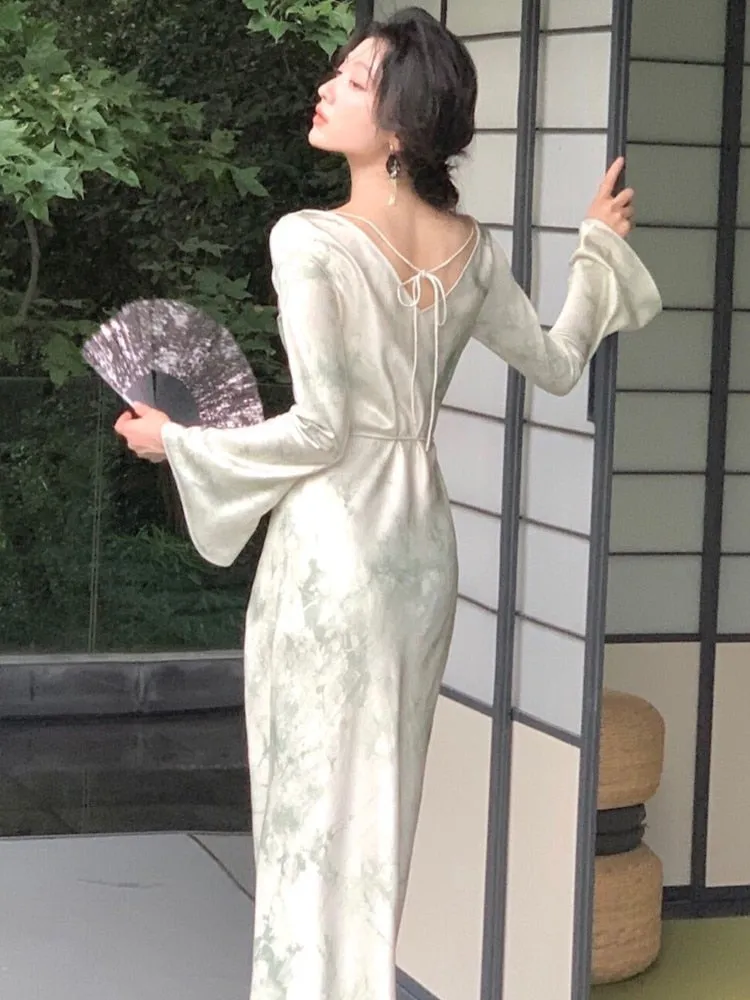 Elegant French Print Evening Party Dresses Long Sleeve Women's Lace-up Slash Neck Maxi Dresses