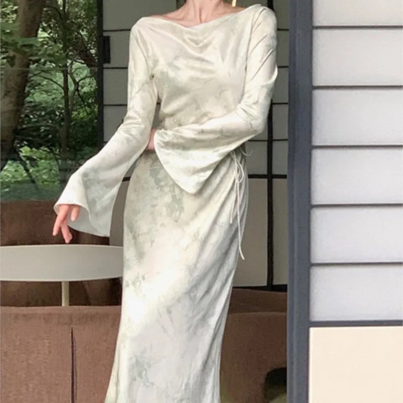 Elegant French Print Evening Party Dresses Long Sleeve Women's Lace-up Slash Neck Maxi Dresses