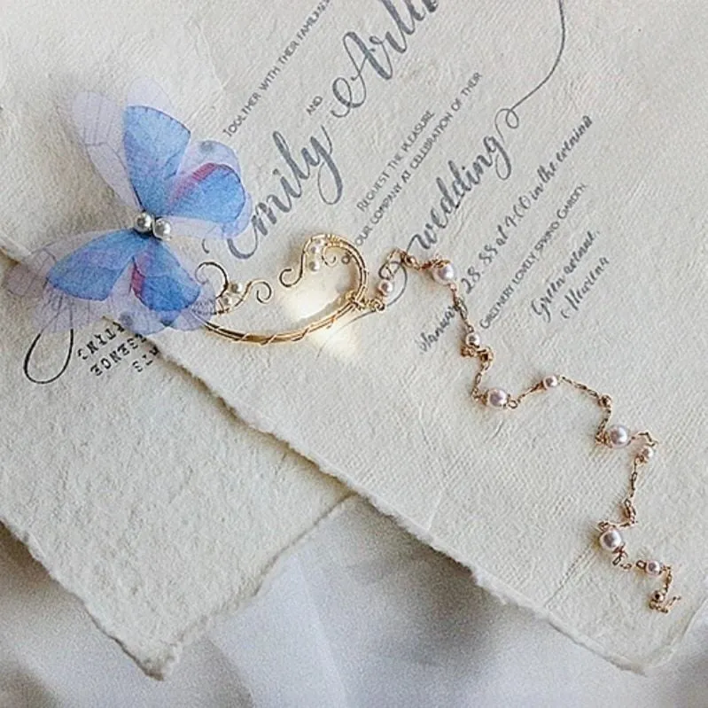 Elegant Layered Butterfly Pearl Long Chain Ribbon Elf Ear Cuff Wrap Earring