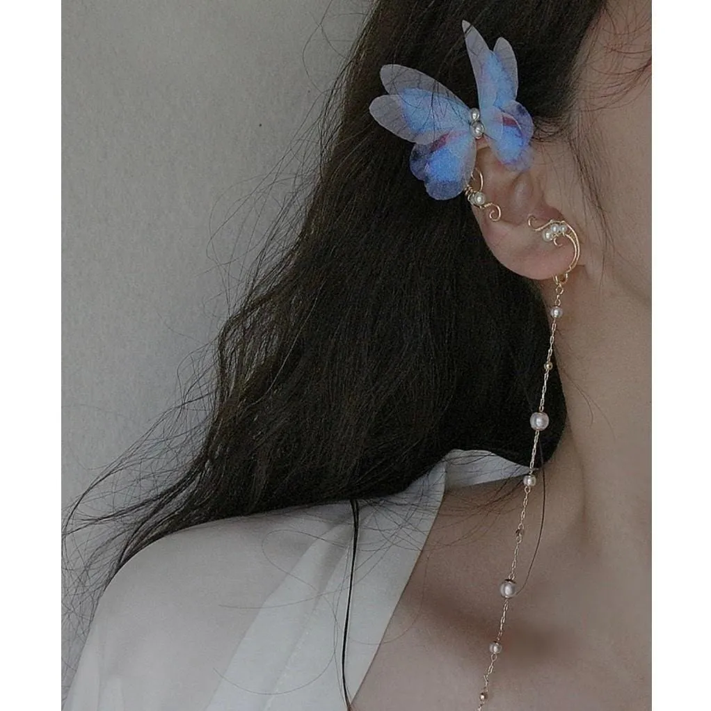 Elegant Layered Butterfly Pearl Long Chain Ribbon Elf Ear Cuff Wrap Earring