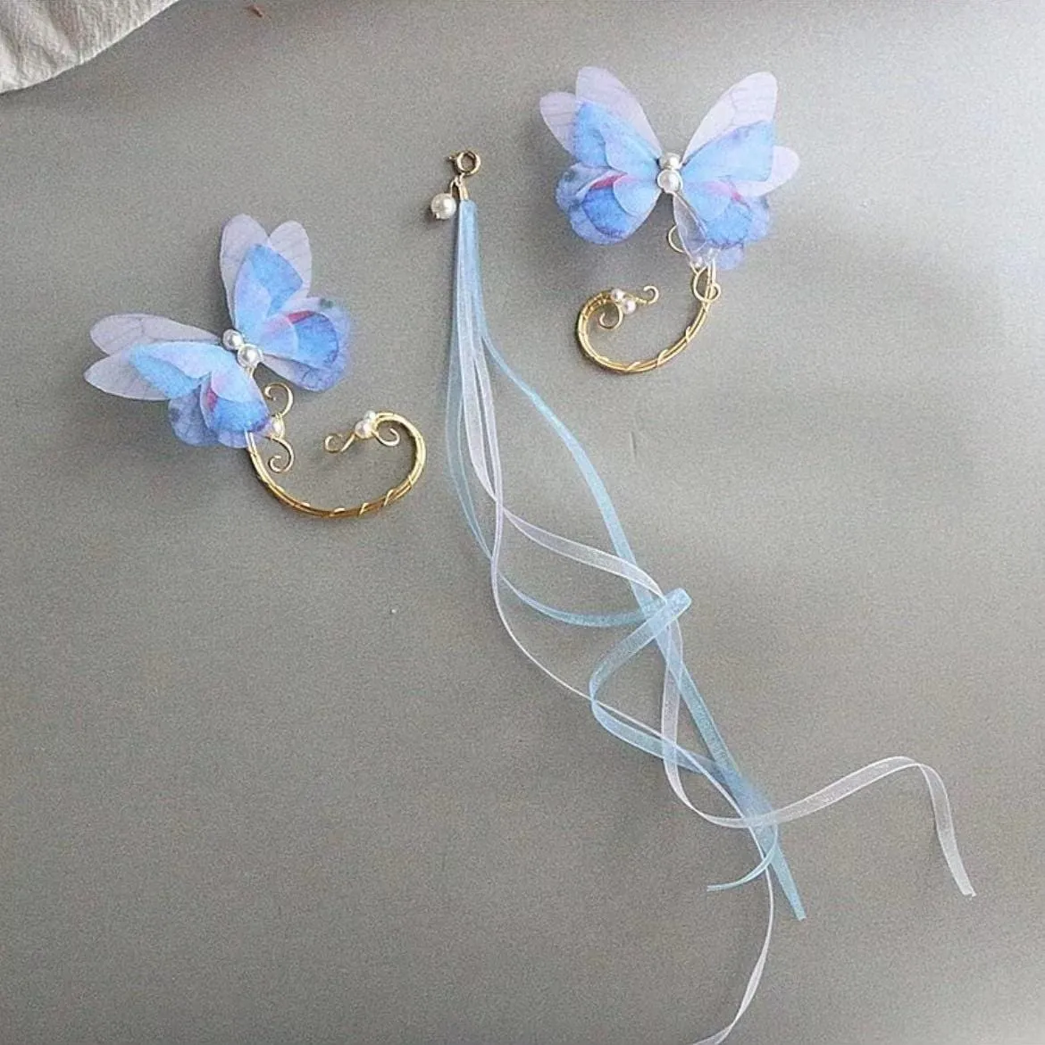 Elegant Layered Butterfly Pearl Long Chain Ribbon Elf Ear Cuff Wrap Earring