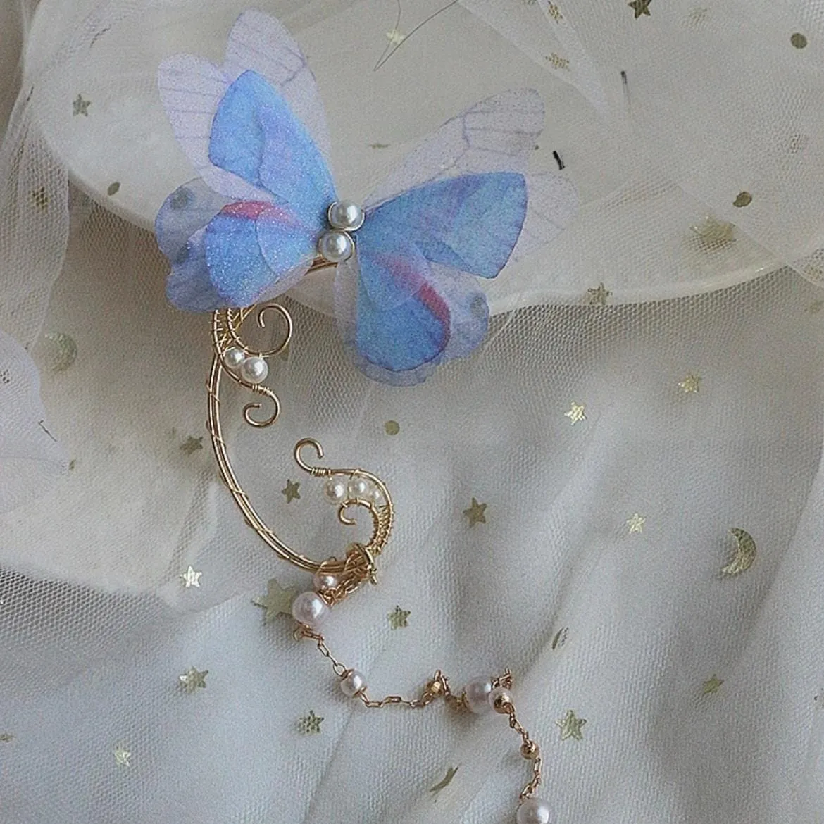 Elegant Layered Butterfly Pearl Long Chain Ribbon Elf Ear Cuff Wrap Earring