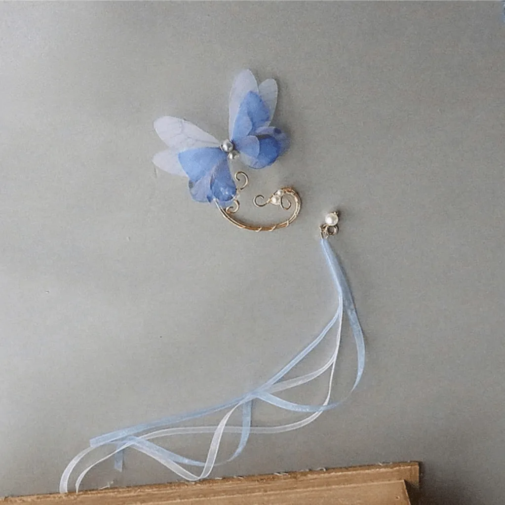Elegant Layered Butterfly Pearl Long Chain Ribbon Elf Ear Cuff Wrap Earring