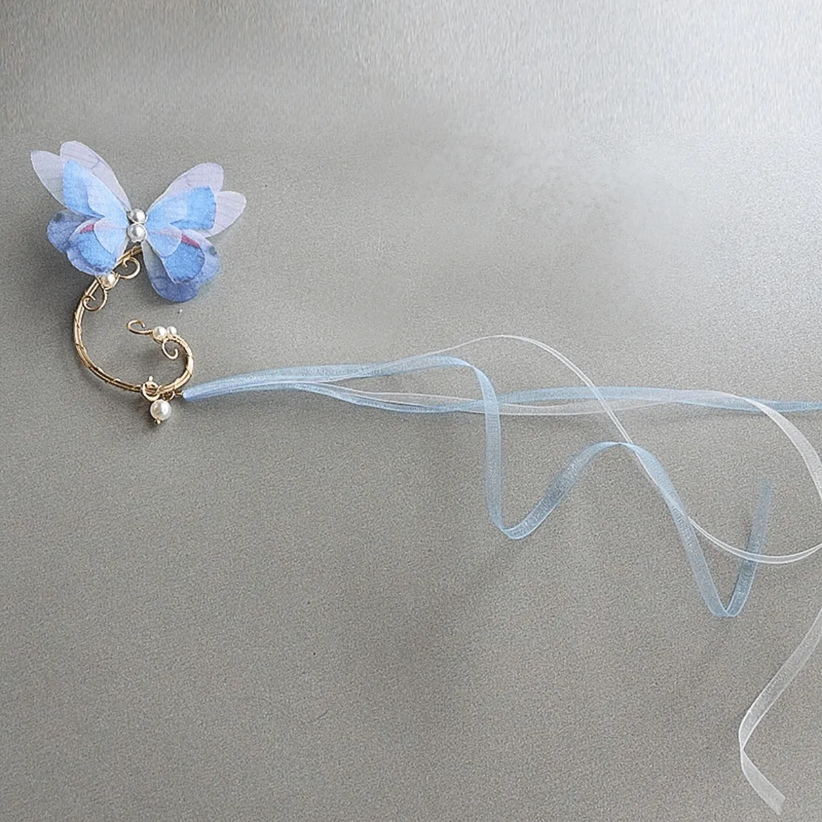 Elegant Layered Butterfly Pearl Long Chain Ribbon Elf Ear Cuff Wrap Earring