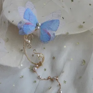 Elegant Layered Butterfly Pearl Long Chain Ribbon Elf Ear Cuff Wrap Earring