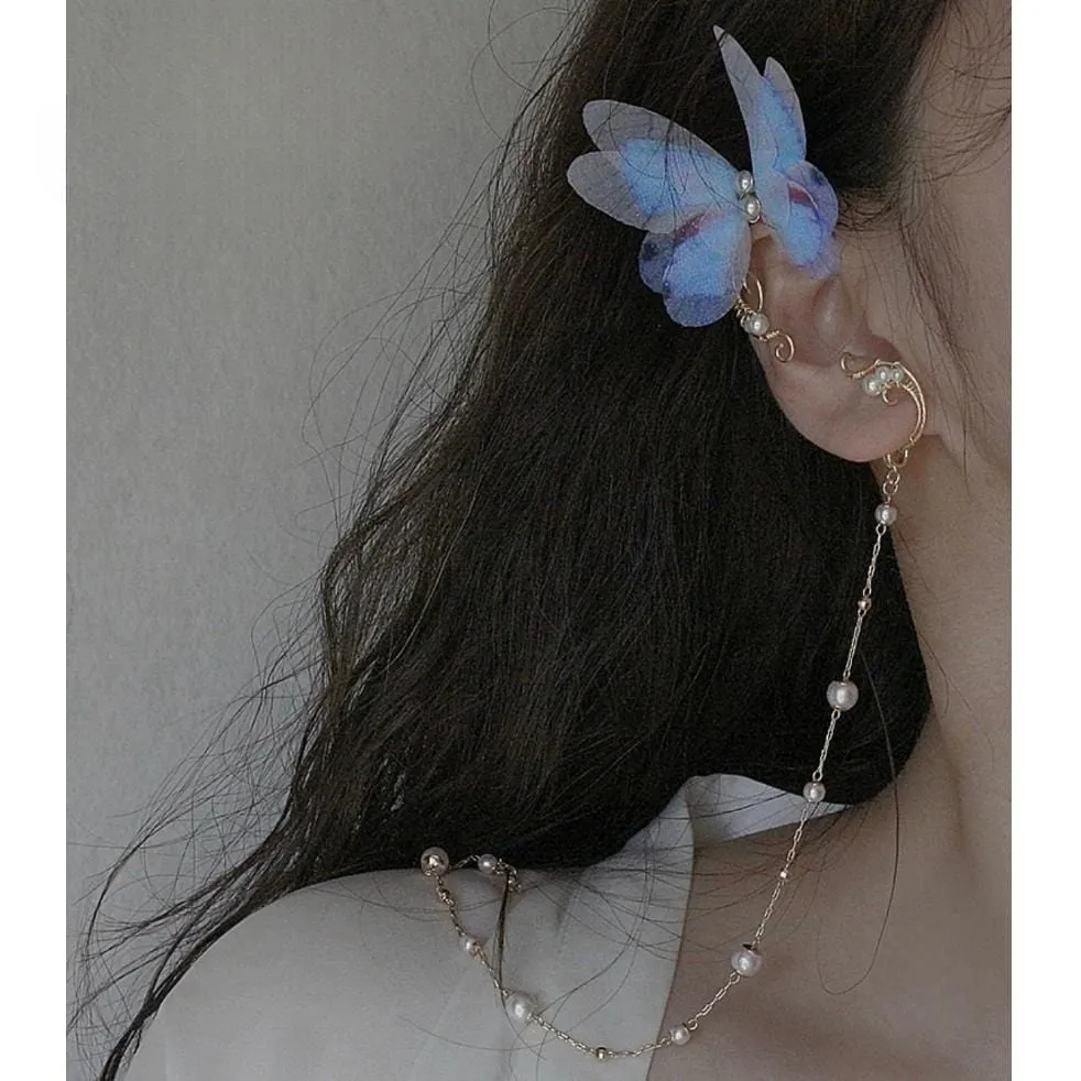 Elegant Layered Butterfly Pearl Long Chain Ribbon Elf Ear Cuff Wrap Earring