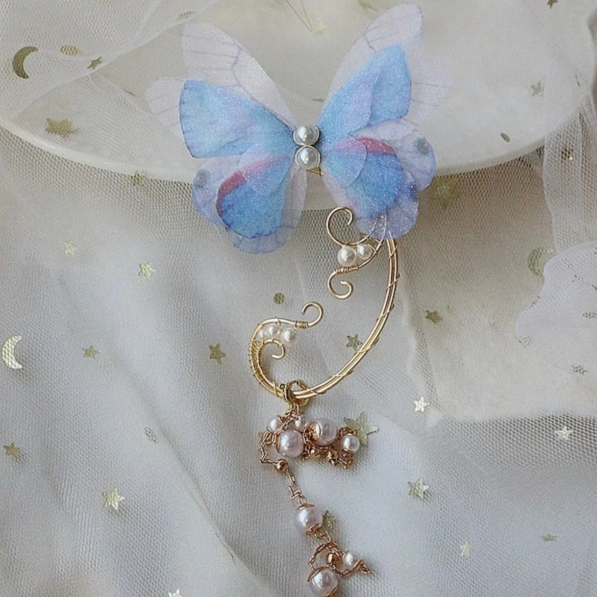 Elegant Layered Butterfly Pearl Long Chain Ribbon Elf Ear Cuff Wrap Earring