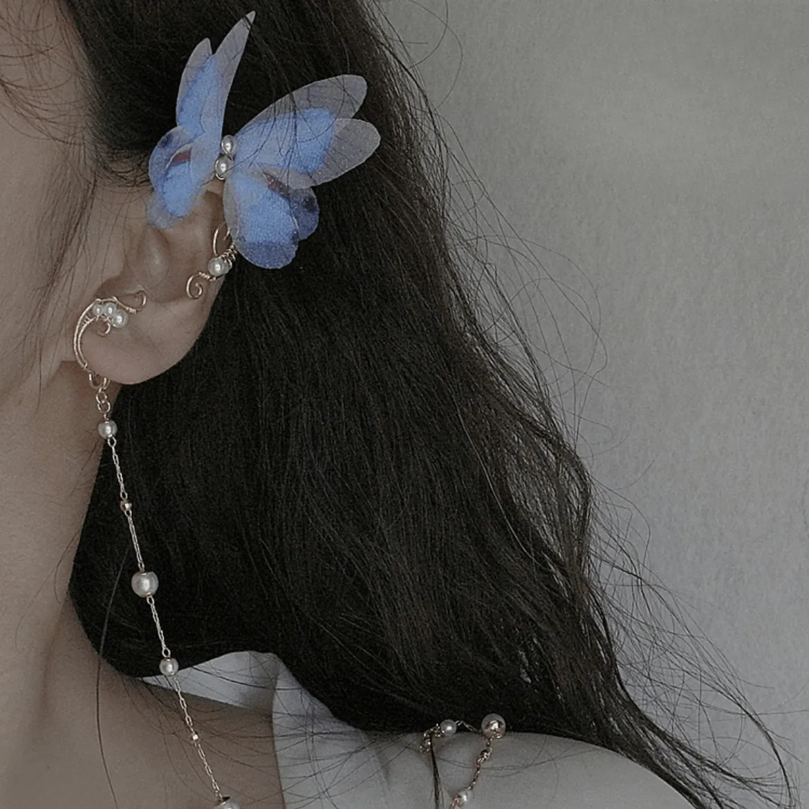 Elegant Layered Butterfly Pearl Long Chain Ribbon Elf Ear Cuff Wrap Earring