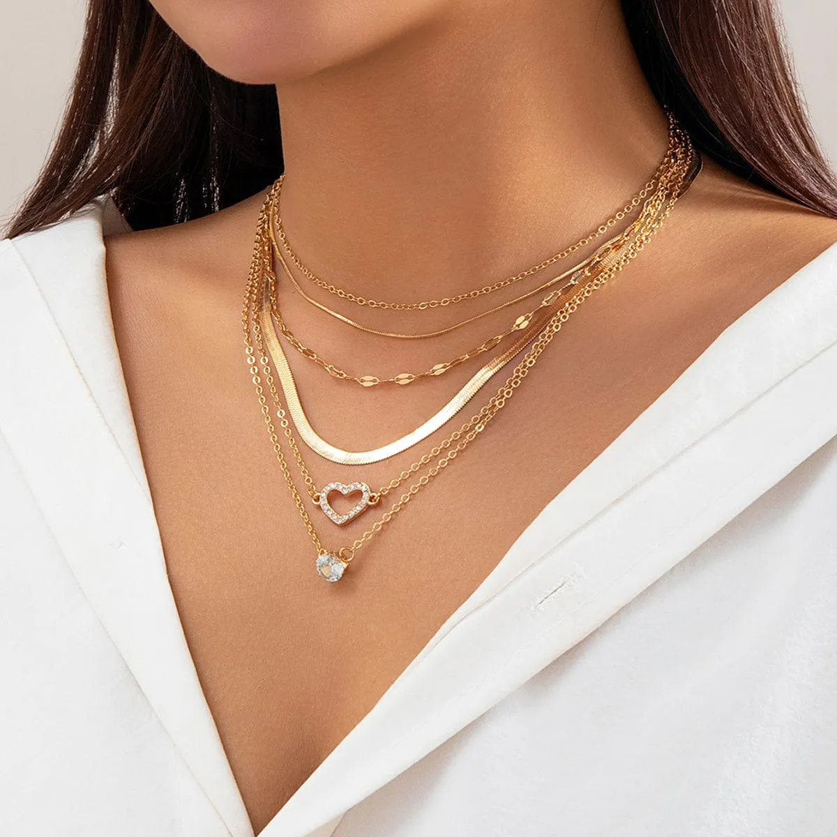 Elegant Layered CZ Inlaid Heart Pendant Snake Chain Necklace Set