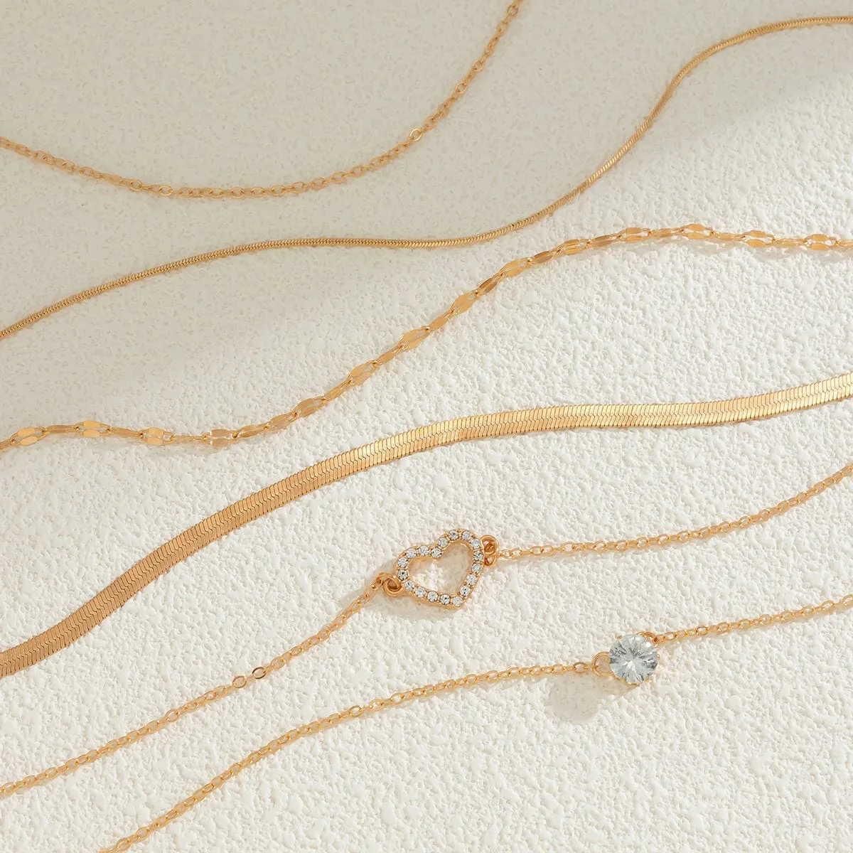 Elegant Layered CZ Inlaid Heart Pendant Snake Chain Necklace Set
