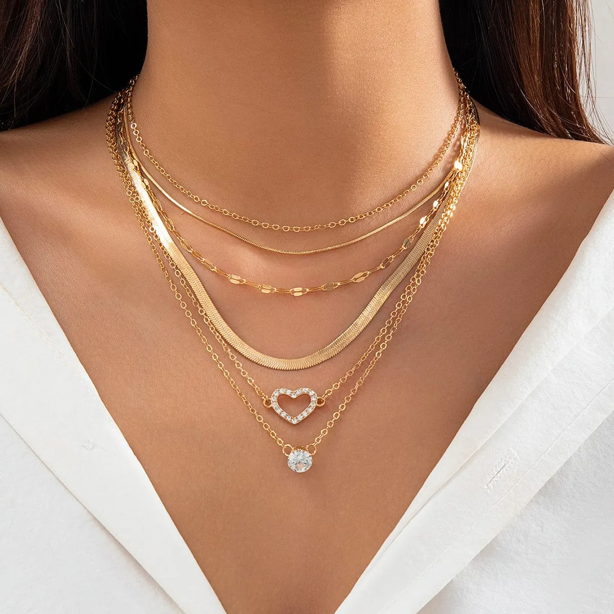 Elegant Layered CZ Inlaid Heart Pendant Snake Chain Necklace Set
