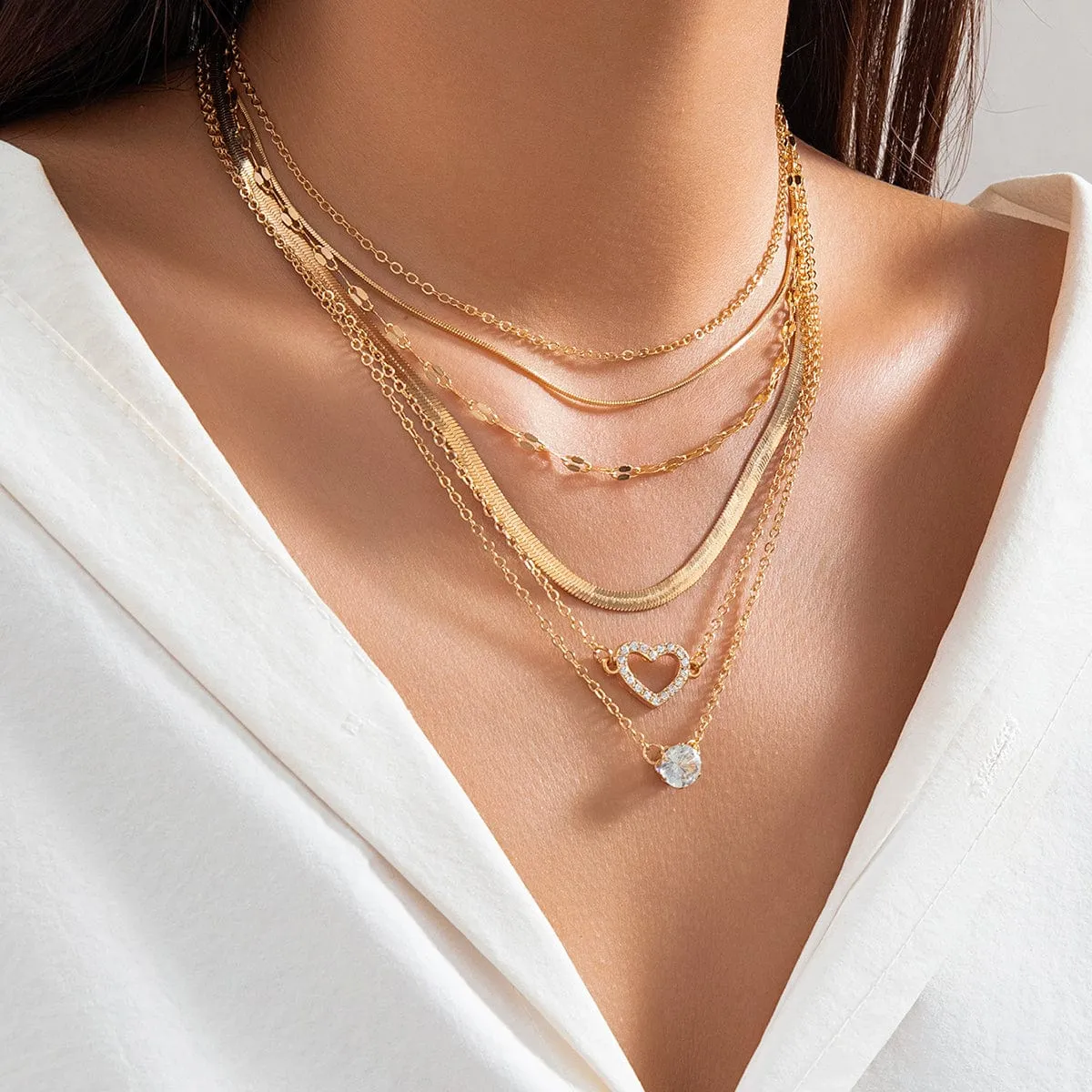 Elegant Layered CZ Inlaid Heart Pendant Snake Chain Necklace Set
