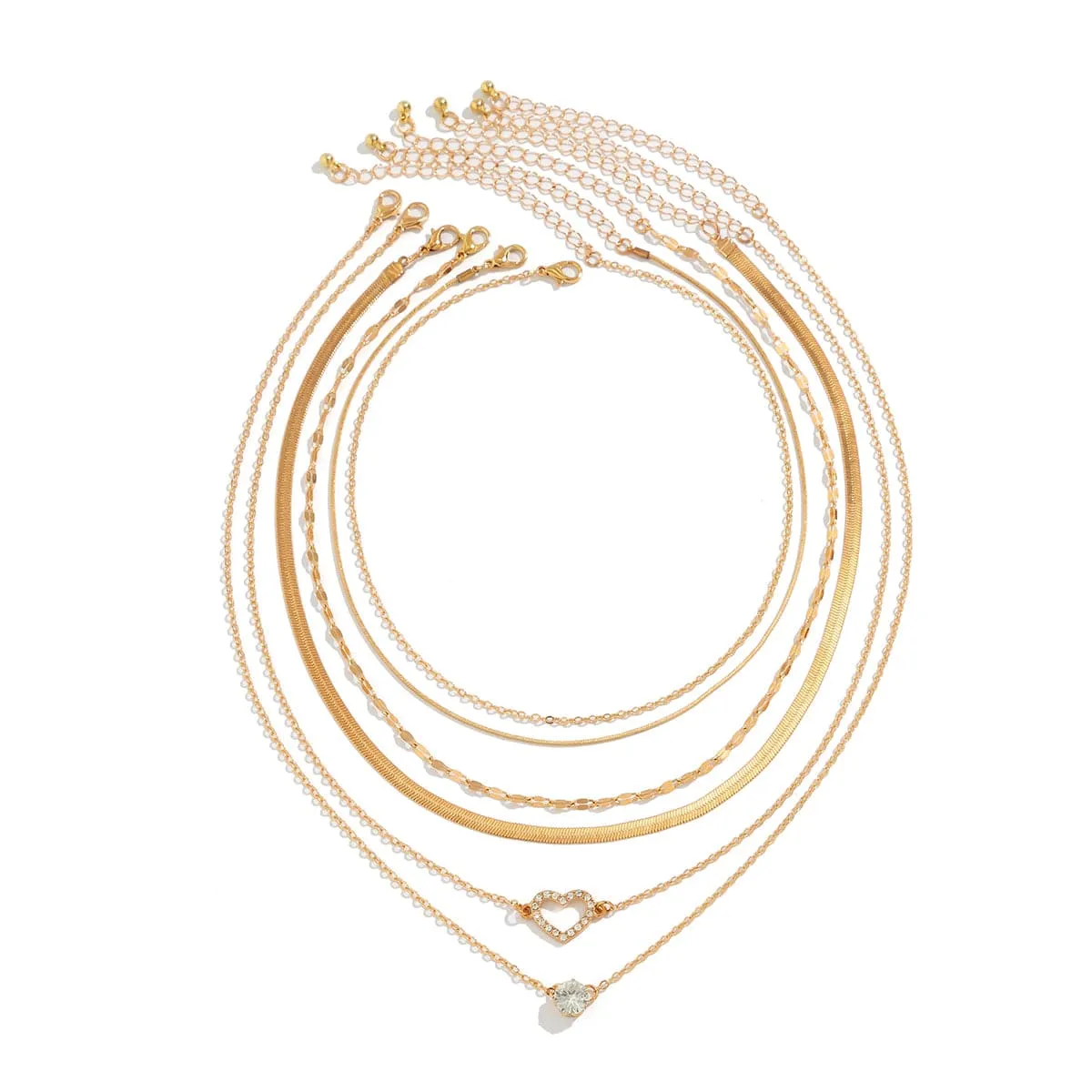 Elegant Layered CZ Inlaid Heart Pendant Snake Chain Necklace Set
