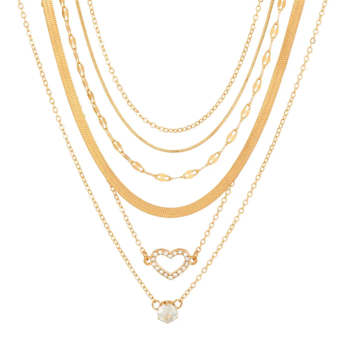 Elegant Layered CZ Inlaid Heart Pendant Snake Chain Necklace Set