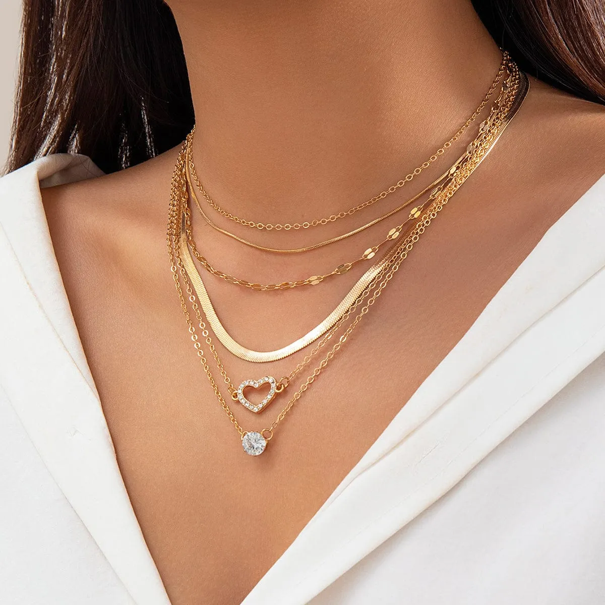 Elegant Layered CZ Inlaid Heart Pendant Snake Chain Necklace Set
