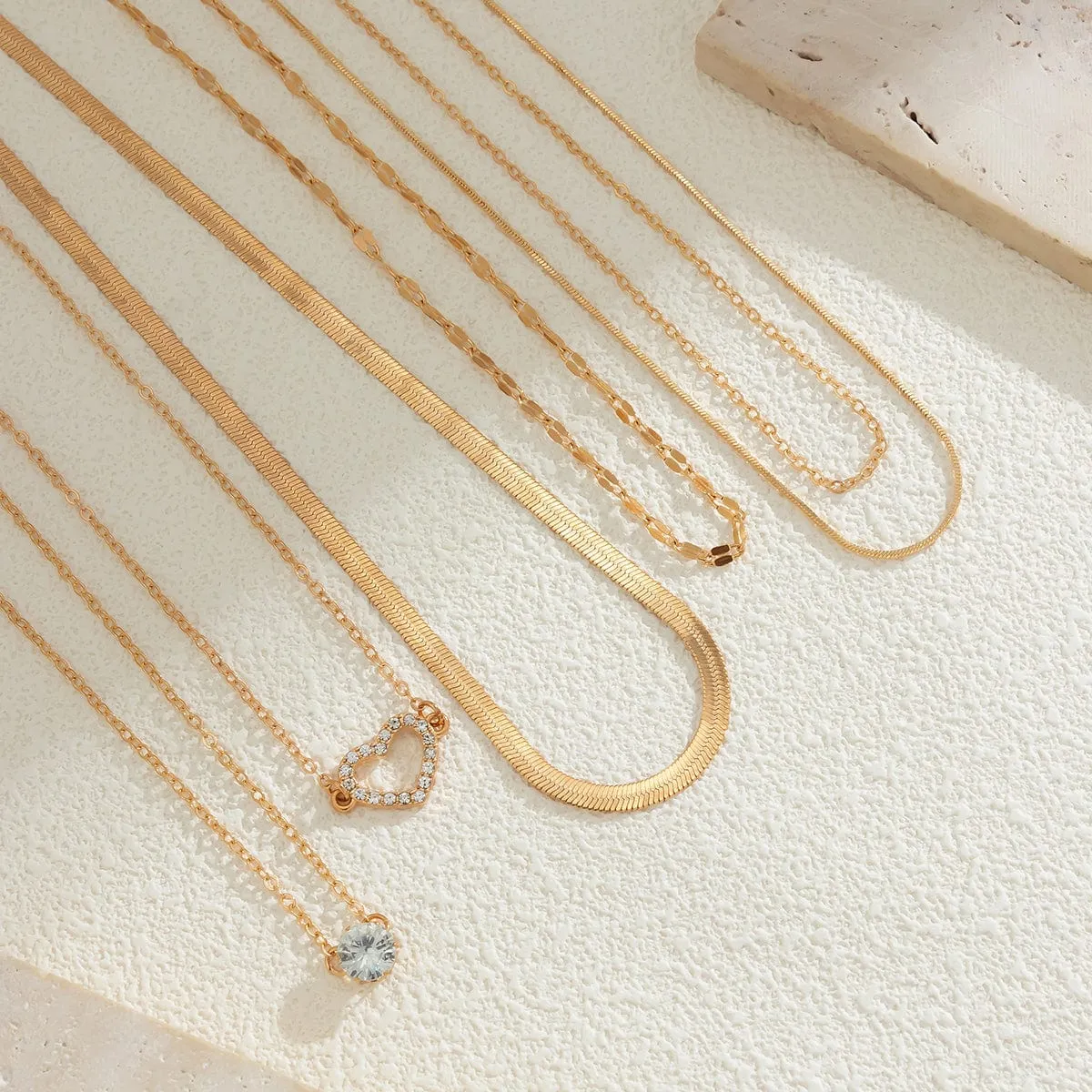 Elegant Layered CZ Inlaid Heart Pendant Snake Chain Necklace Set