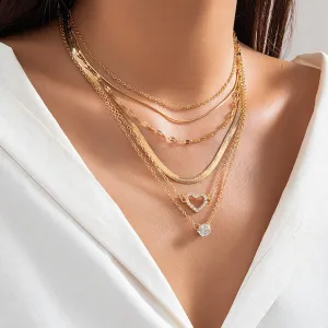 Elegant Layered CZ Inlaid Heart Pendant Snake Chain Necklace Set