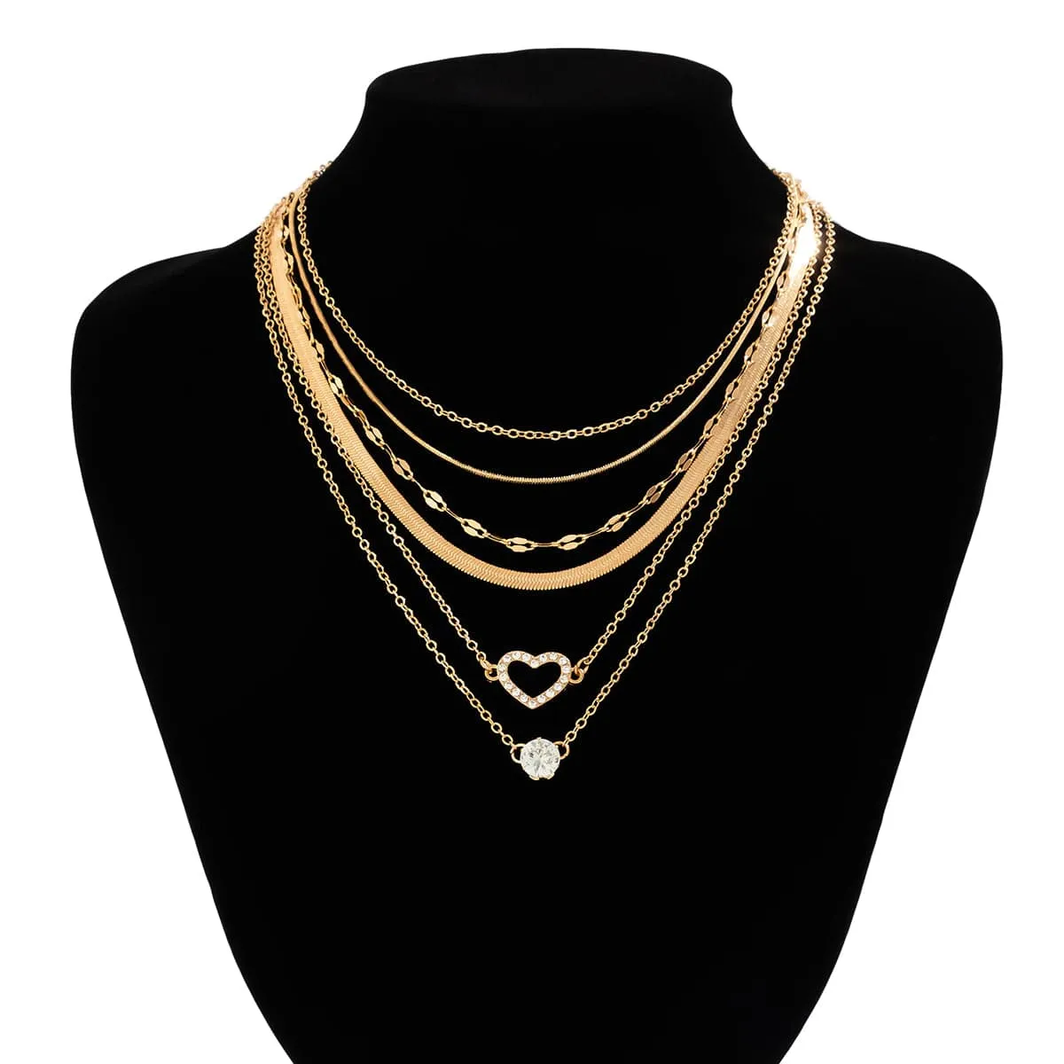 Elegant Layered CZ Inlaid Heart Pendant Snake Chain Necklace Set