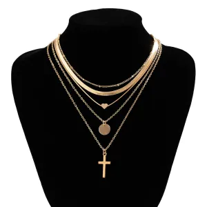 Elegant Layered Heart Round Disk Cross Pendant Snake Chain Necklace Set