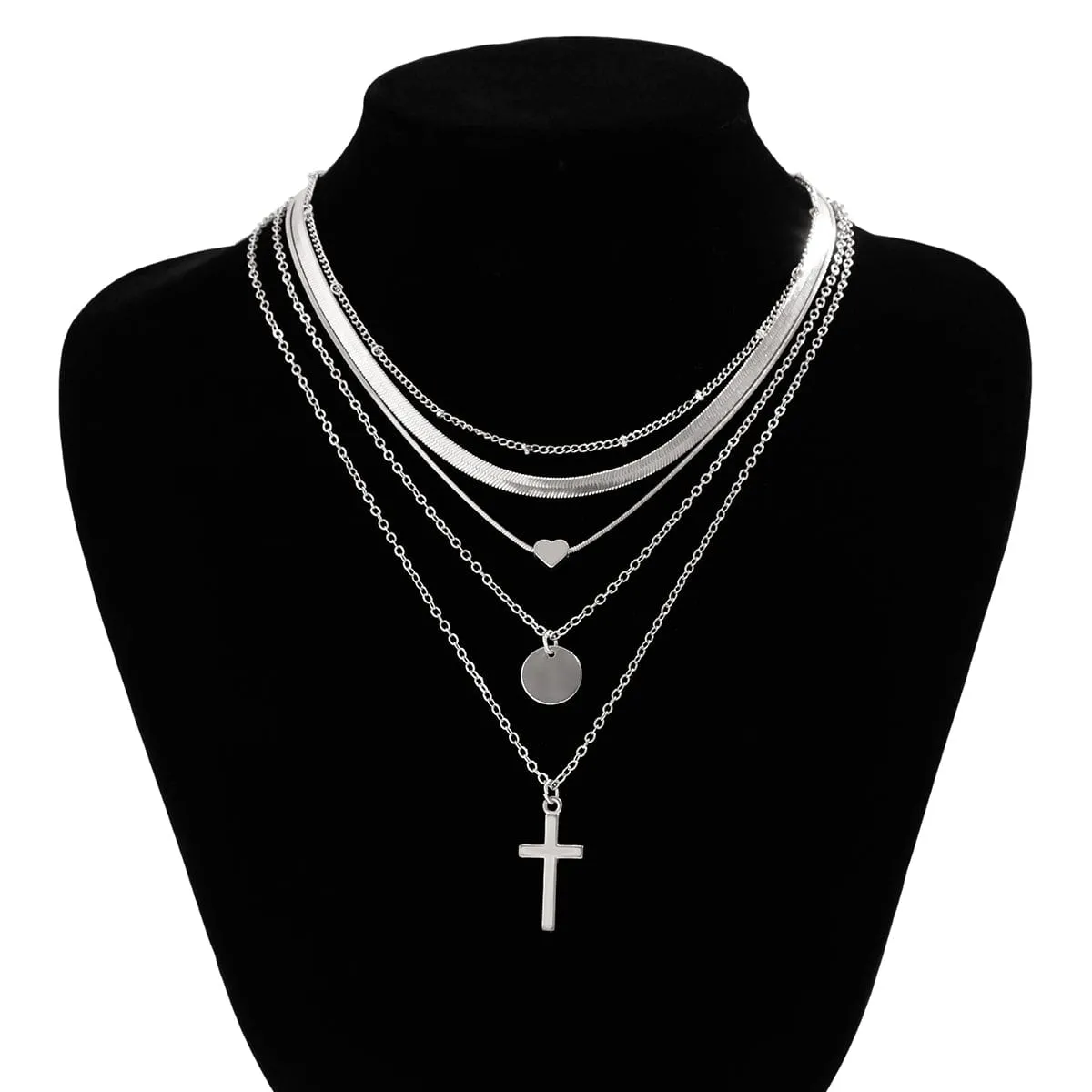 Elegant Layered Heart Round Disk Cross Pendant Snake Chain Necklace Set