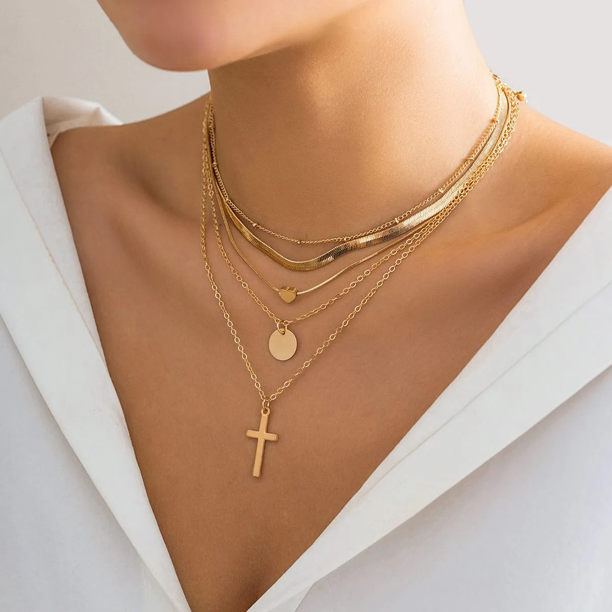 Elegant Layered Heart Round Disk Cross Pendant Snake Chain Necklace Set