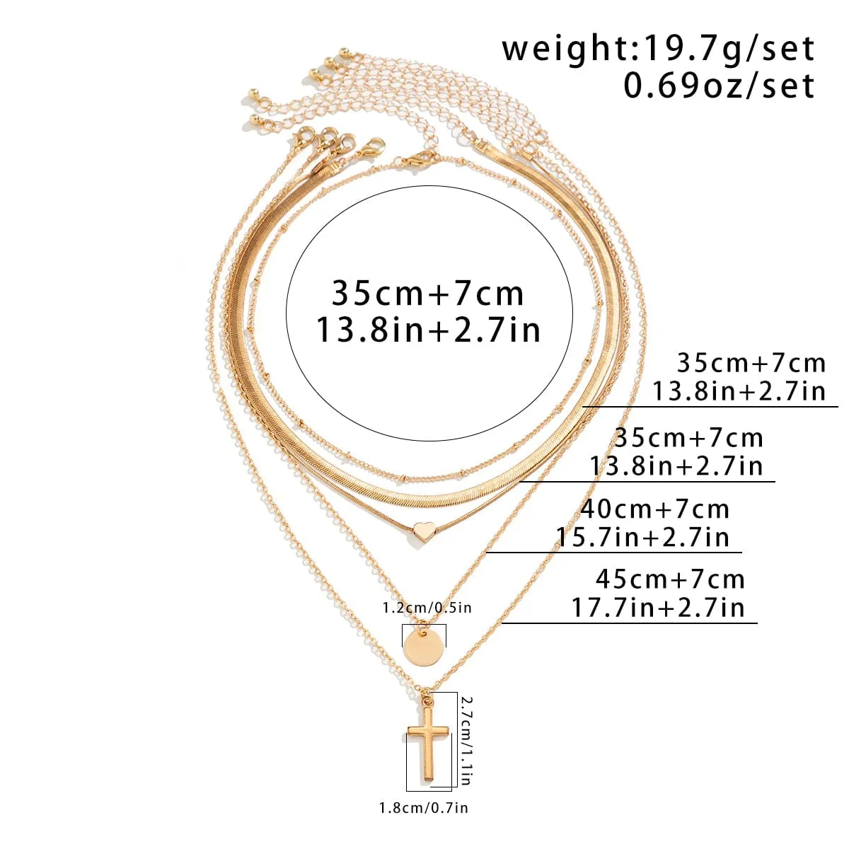 Elegant Layered Heart Round Disk Cross Pendant Snake Chain Necklace Set