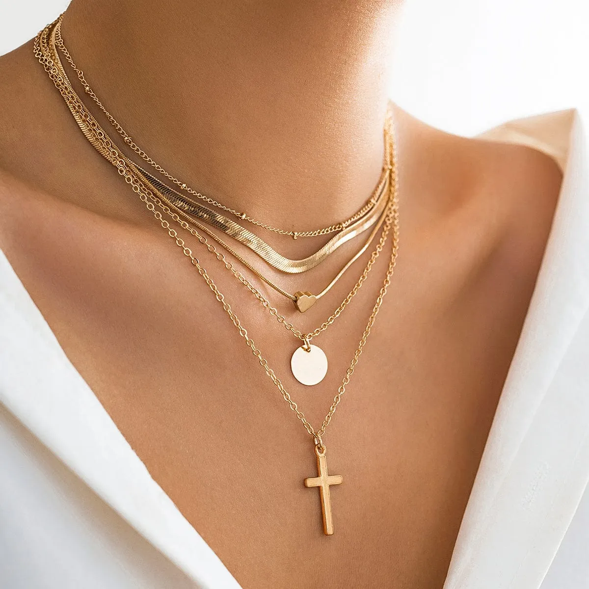Elegant Layered Heart Round Disk Cross Pendant Snake Chain Necklace Set