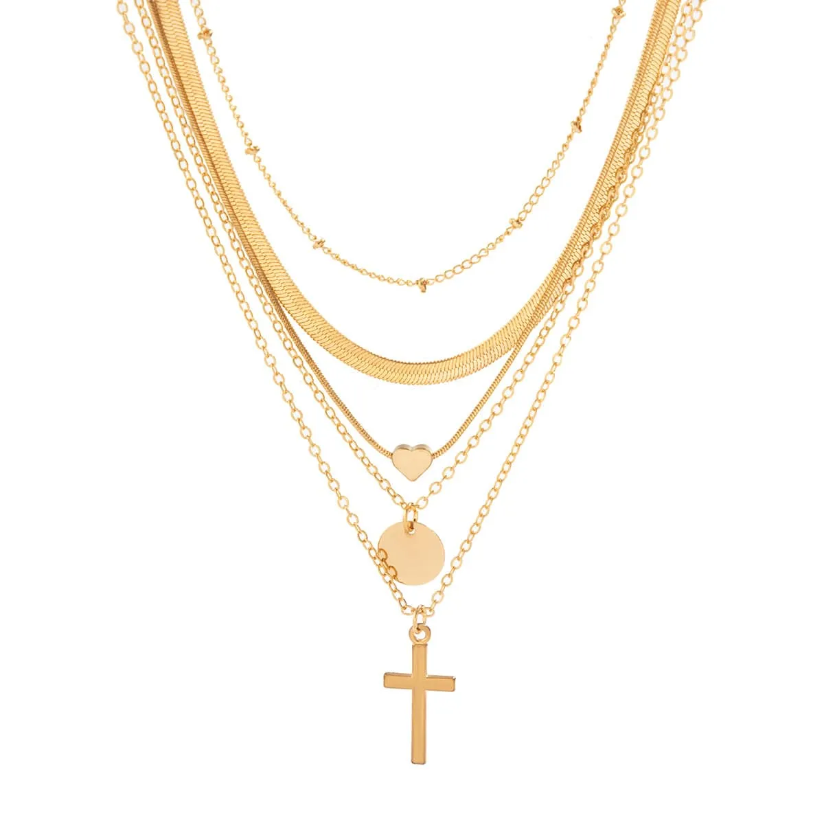 Elegant Layered Heart Round Disk Cross Pendant Snake Chain Necklace Set