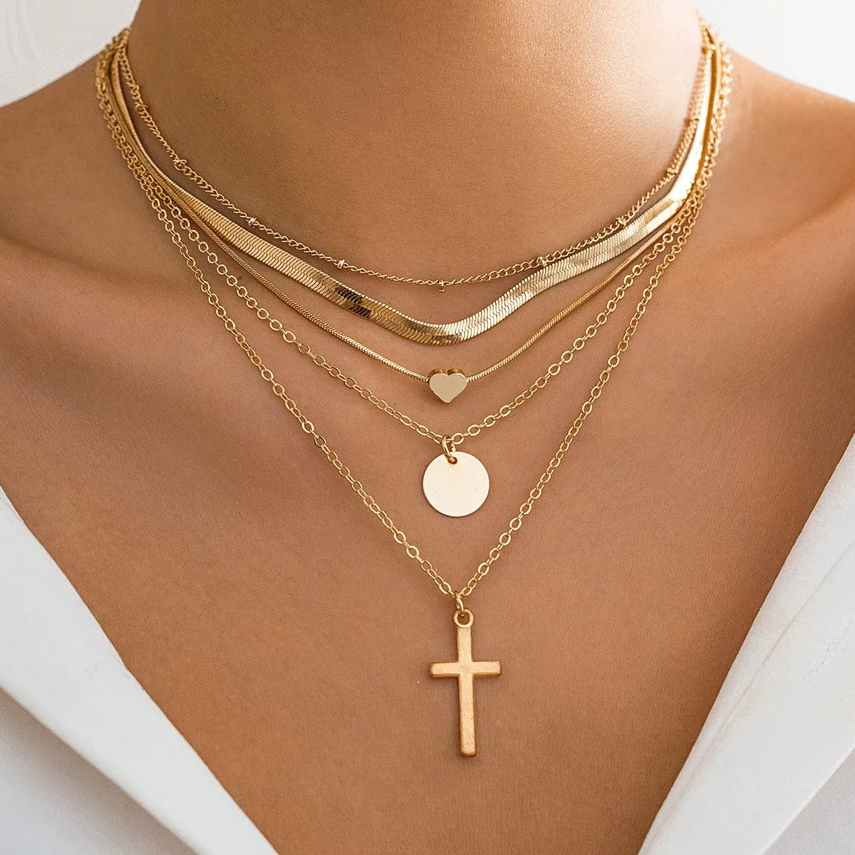 Elegant Layered Heart Round Disk Cross Pendant Snake Chain Necklace Set