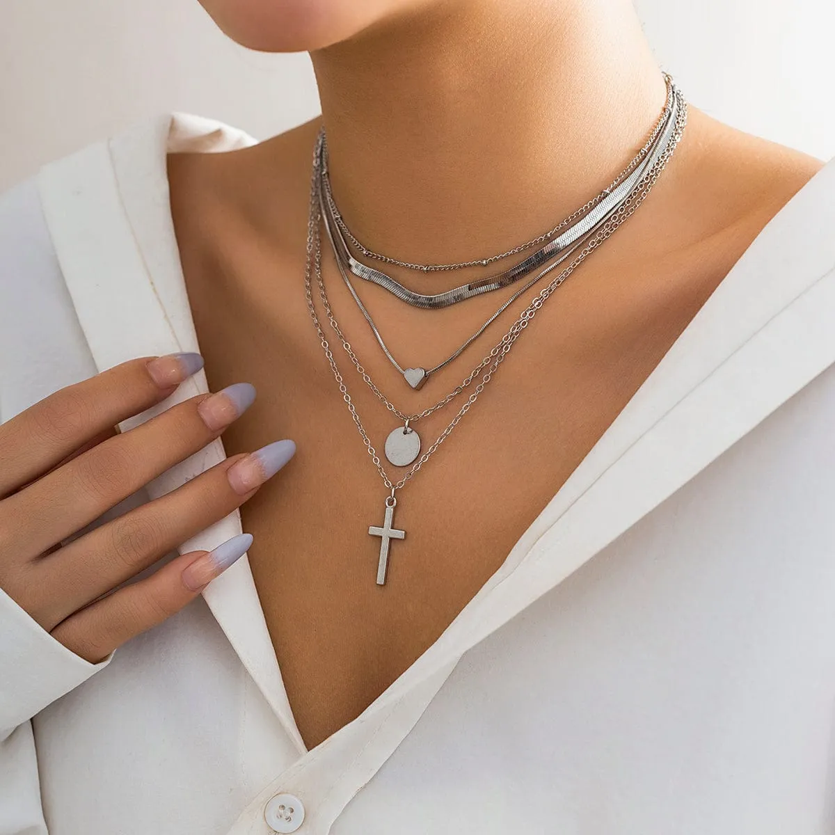 Elegant Layered Heart Round Disk Cross Pendant Snake Chain Necklace Set