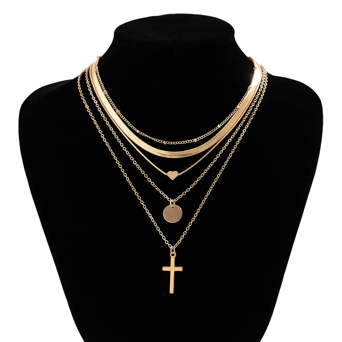 Elegant Layered Heart Round Disk Cross Pendant Snake Chain Necklace Set