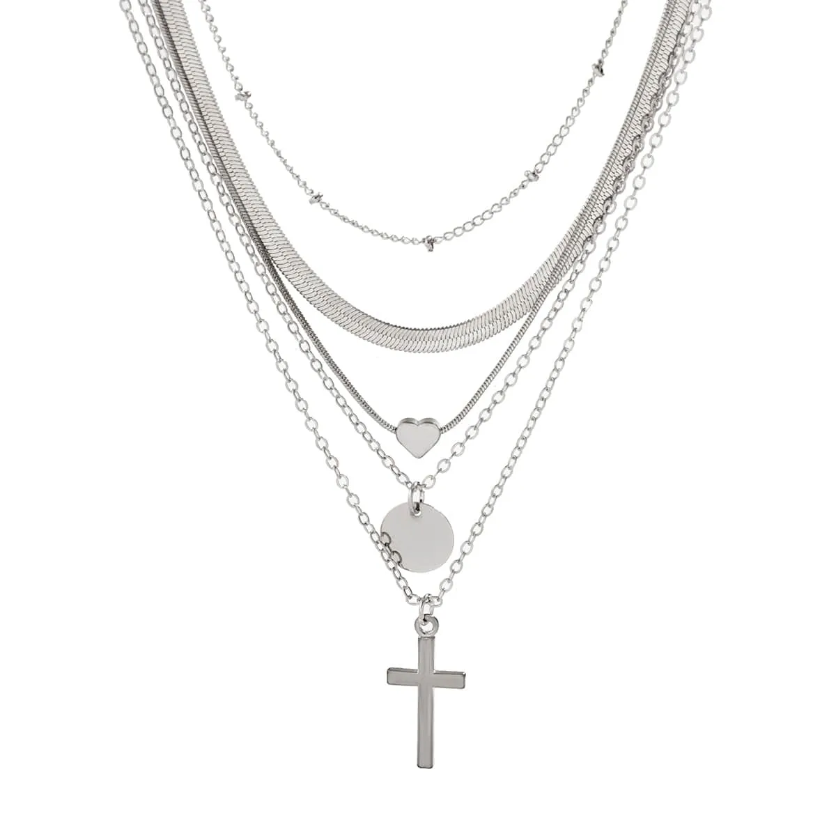 Elegant Layered Heart Round Disk Cross Pendant Snake Chain Necklace Set