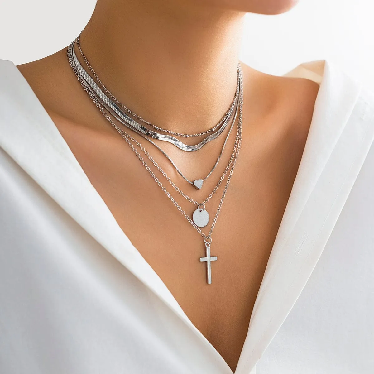 Elegant Layered Heart Round Disk Cross Pendant Snake Chain Necklace Set