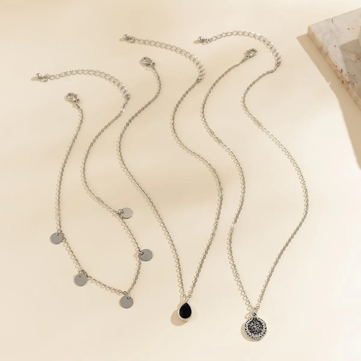 Elegant Layered Round Disk Tassel Waterdrop Pendant Chain Necklace Set