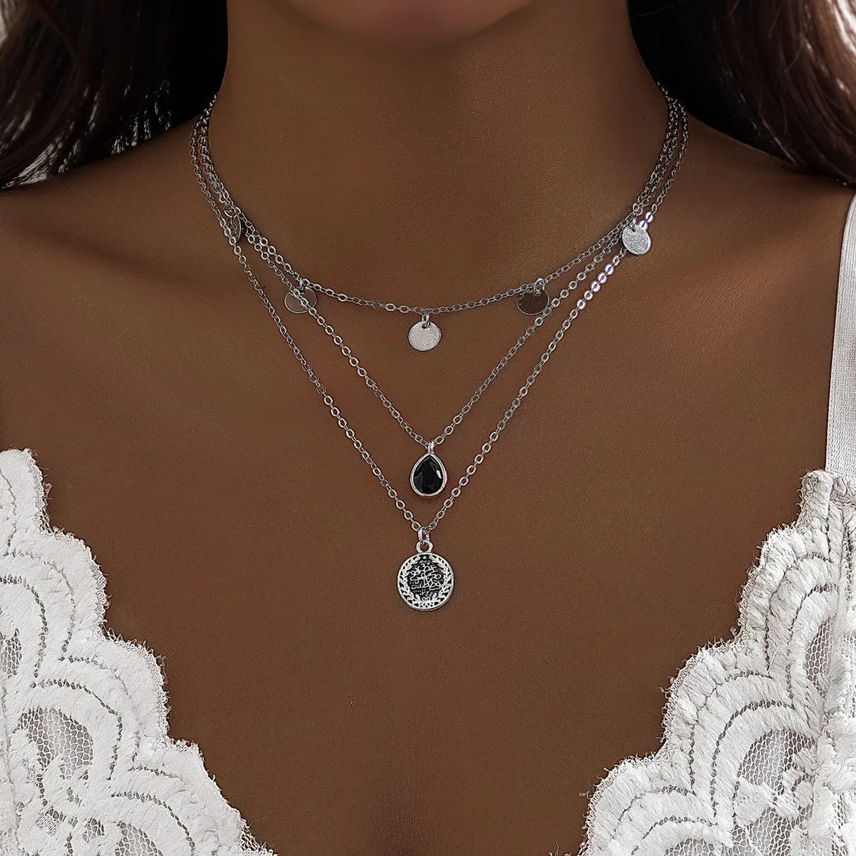 Elegant Layered Round Disk Tassel Waterdrop Pendant Chain Necklace Set
