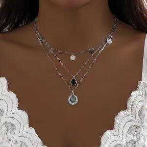 Elegant Layered Round Disk Tassel Waterdrop Pendant Chain Necklace Set