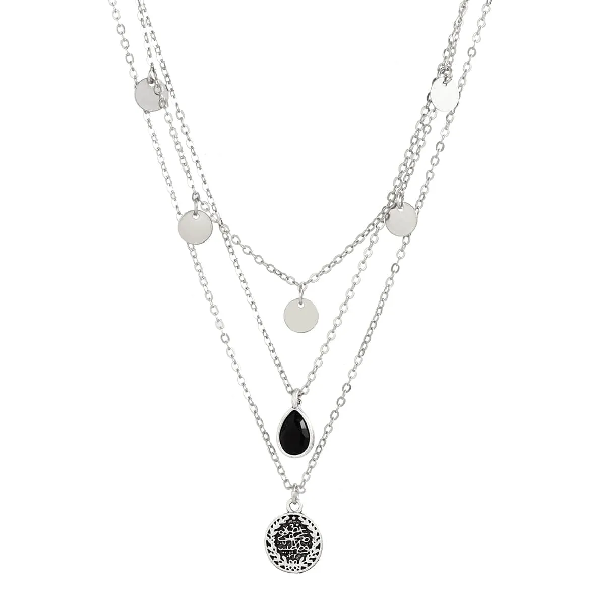 Elegant Layered Round Disk Tassel Waterdrop Pendant Chain Necklace Set