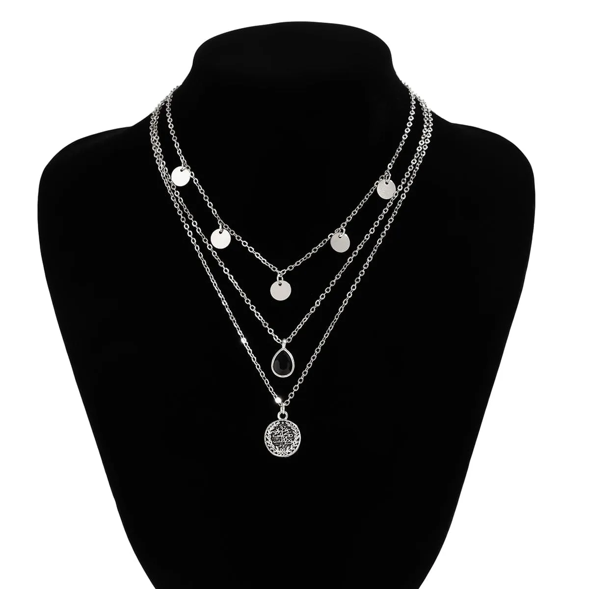 Elegant Layered Round Disk Tassel Waterdrop Pendant Chain Necklace Set